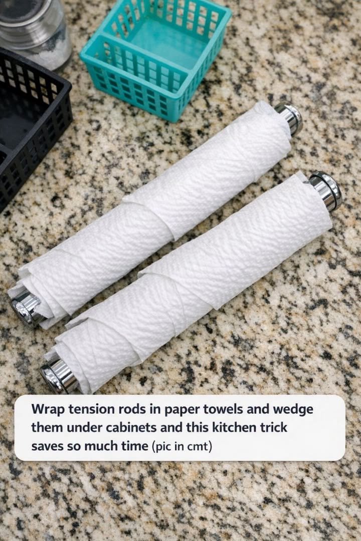 Wrap Tension Rods in Paper Towels and Wedge Them Under Cabinets — This Kitchen Trick Saves So Much Time 774883605_1425971066072392_6490855655179002885_n